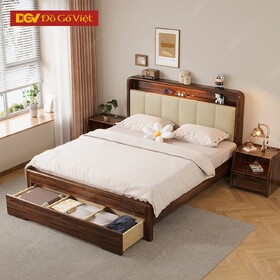 Giường Ngủ Veneer Óc Chó Hiện Đại Tích Hợp Kệ Và Ngăn Kéo
