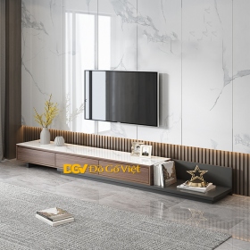 Kệ Để Tivi Hiện Đại Kéo Dài Gỗ MDF Màu Óc Chó Mặt Phiến Đá Sang