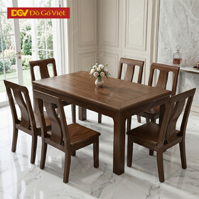 Mẫu Bàn Ăn Gỗ Óc Chó Vát Cạnh Chân Trụ Vuông 6 Ghế Hiện Đại