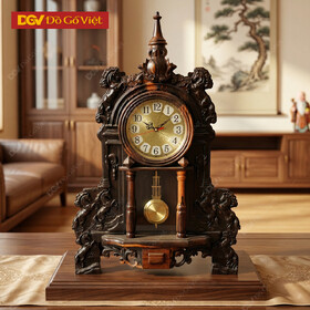 Mẫu Đồng Hồ Để Bàn Gỗ Mun Sọc Điêu Khắc Bát Mã Đỉnh...