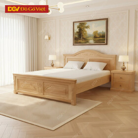 Mẫu Giường Gỗ Sồi Đầu Vòm Chạm Hoa Đẹp Kèm 2 Ngăn Kéo Vai