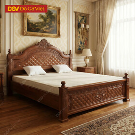 Mẫu Giường Ngủ Gỗ Xoan Đào Sang Trọng Vòm Sò Chạm Gấm Caro