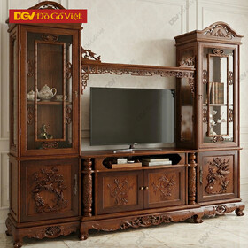 Mẫu Kệ Tivi Liền Tủ Trang Trí Gỗ Căm Xe Chạm Hoa Văn Đẹp