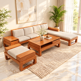 Mẫu Sofa Góc L Gỗ Hương Đá Phong Cách Á Đông Tối Giản