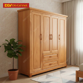 Mẫu Tủ Quần Áo Gỗ Tự Nhiên 4 Cánh 2 Ngăn Hộc Kéo Lớn