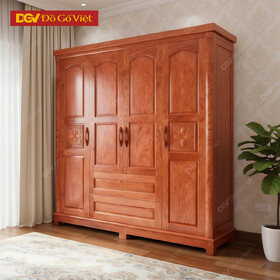 Tủ Để Quần Áo Gỗ Veneer Hương Đá Pano Cong Chạm Hoa 4 Cánh