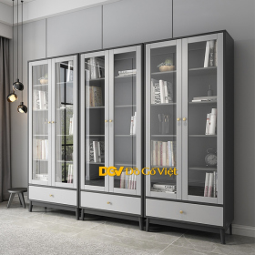Tủ Để Sách Cửa Kính Cánh Mở Gỗ MDF Màu Xám Đẹp Rẻ