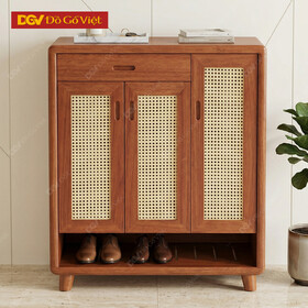 Tủ Giày Dép Gỗ Xoan 3 Cánh Đan Mây Phong Cách Mộc Mạc