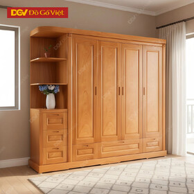 Tủ Gỗ Quần Áo 4 Cánh Pano Vân Gõ Đỏ Kết Hợp Kệ Trang Trí