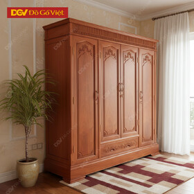 Tủ Quần Áo Gỗ 4 Cánh Hương Đá Chạm Quạt Tân Cổ Điển