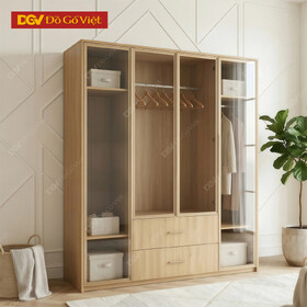 Tủ Quần Áo Gỗ MDF Phối Cánh Kính Kết Hợp Ngăn Kéo Trung Tâm
