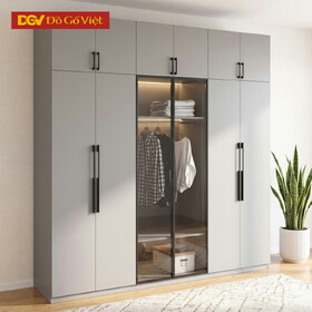 Tủ Quần Áo MDF 6 Cánh Phối Kính Kèm Đèn Led Sang Trọng