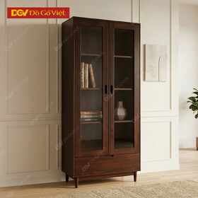 Tủ Sách Gỗ Veneer Sồi Phối Ngăn Kéo Kèm Cánh Kính Trưng Bày