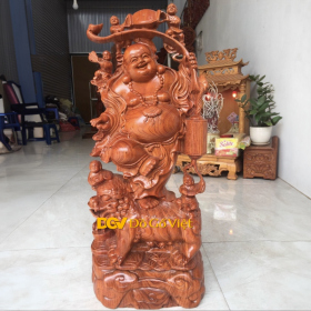 Tượng Gỗ Đứng Ông Di Lặc Cưỡi Lân Cầu Tài Đẹp