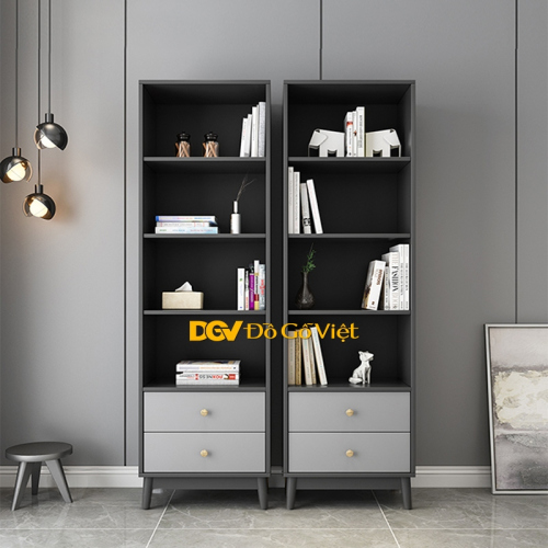 Tủ Sách 4 Tầng 2 Ngăn Kéo Nhỏ Gỗ MDF Tiện Lợi Màu Xám Bền Đẹp